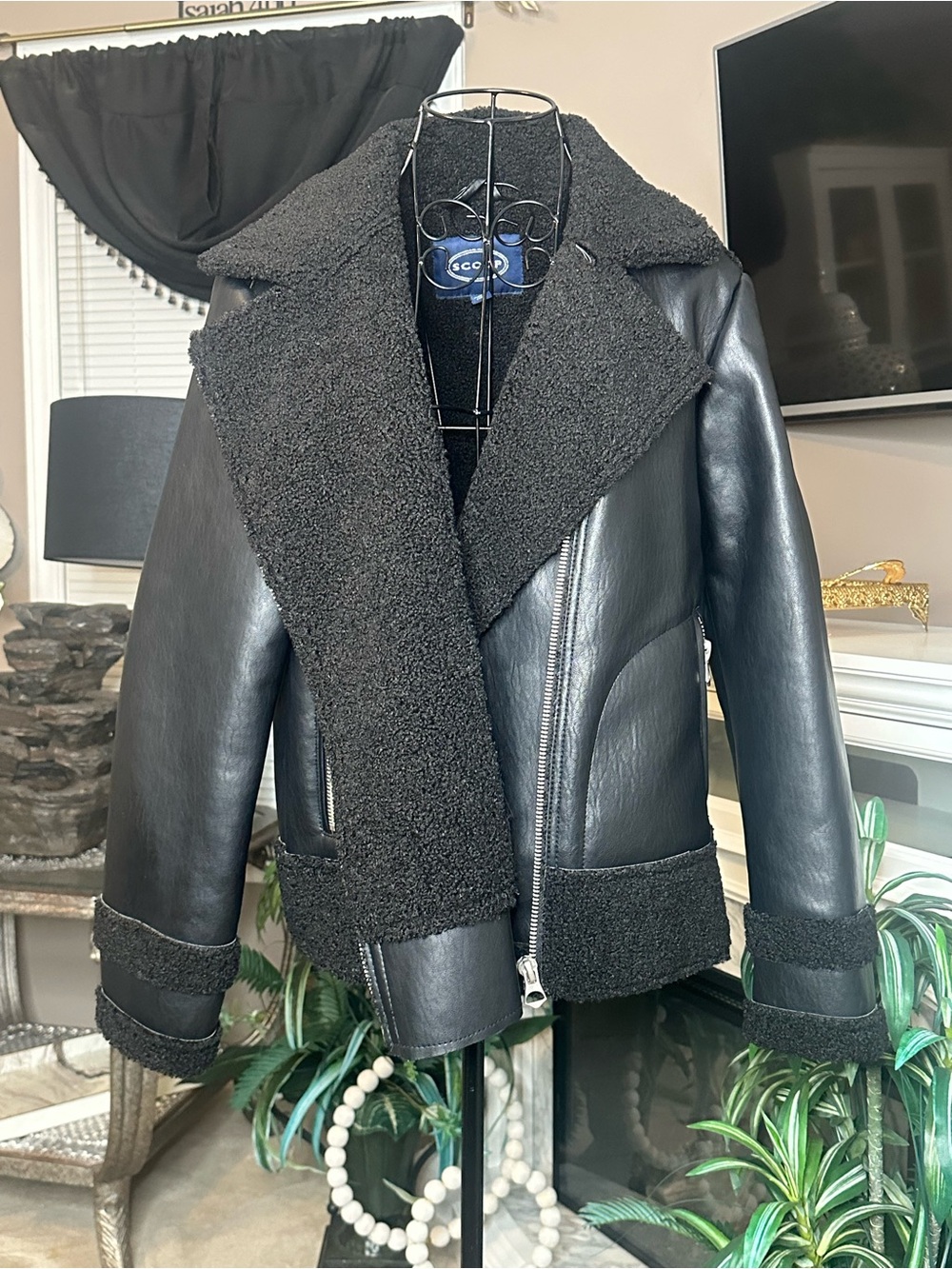 Black Faux Leather Shearling-Lined Jacket